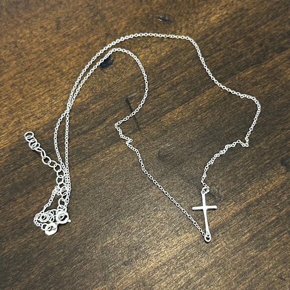 Delicate Sterling Silver Sideways Cross Necklace - Picture 1 of 5